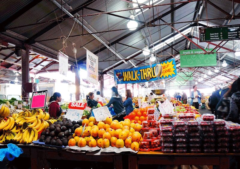 Fruit Stalls Filled With Fresh Fruit At Queen Victoria Market