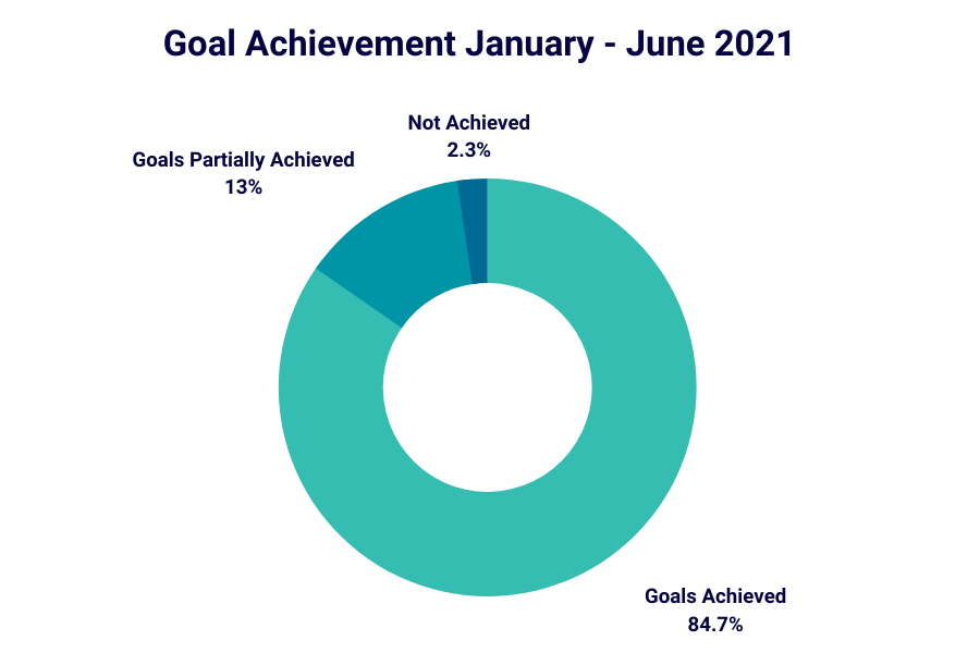 Pie chart outlining Goal Achievement from January - June 2021