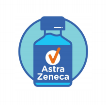 A blue bottle symbol with a check and Astra Zeneca label