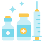 An illustration of two bottles with medical signs on them and a syringe lined up in a row