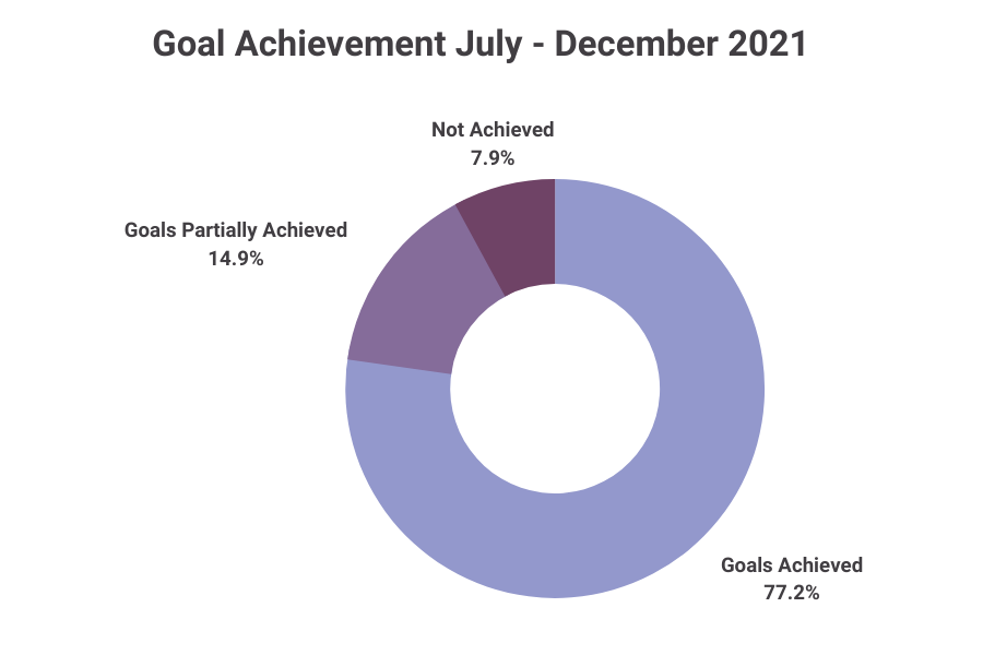 A pie chart, showing goals achieved; goals partially achieved; goals not achieved