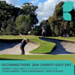 An image of a person swinging a golf club in a sand bunker as another man looks on. Text reads: OC Connections 26th Charity Golf Day