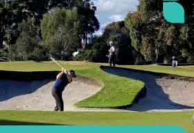 An image of a person swinging a golf club in a sand bunker as another man looks on. Text reads: OC Connections 26th Charity Golf Day