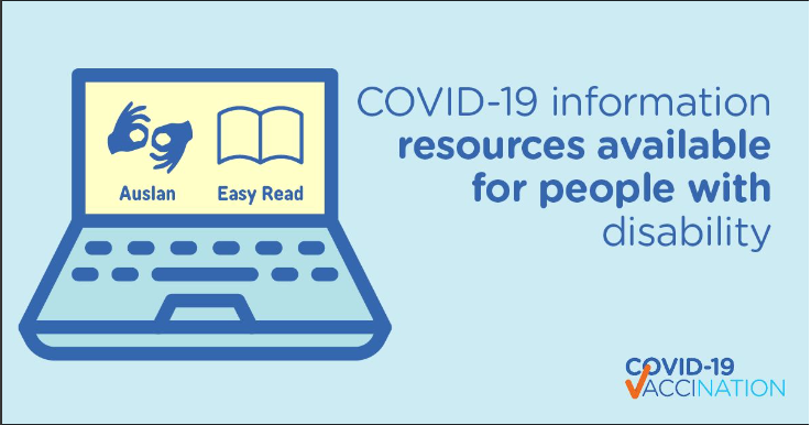 A cartoon of a laptop with the words COVID-19 information resources available for people with disability